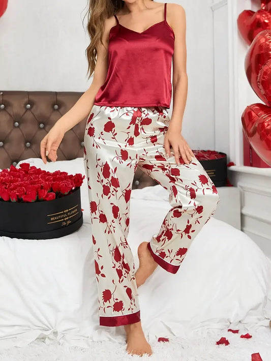 Women's Floral Print Satin Elegant Pajama Set