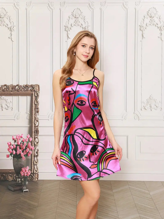 Abstract Face Print Satin Nightgown, Casual Round Neck Backless Slip Dress