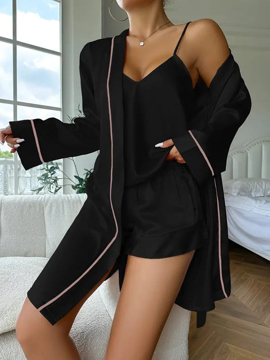 Long Sleeve Belted Robe & Pajama - Top & Shorts Sleep set 3pcs