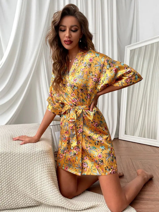 Women's Satin Floral Print Short Sleeve Belted House Robes