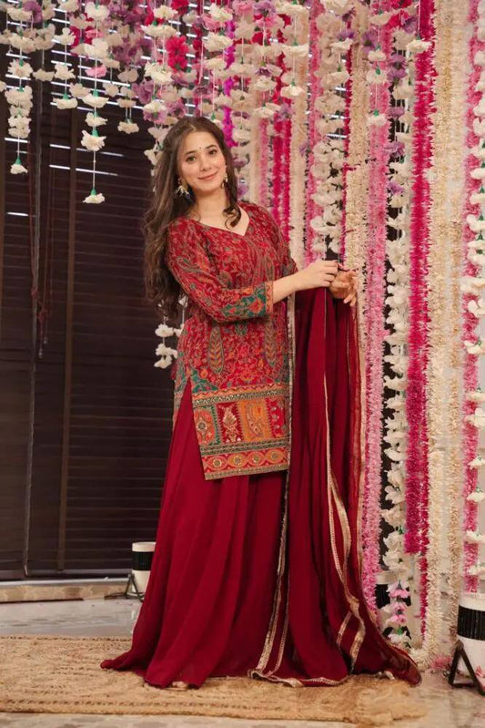 Maroon Printed Crepe Salwar Kameez With Dupatta