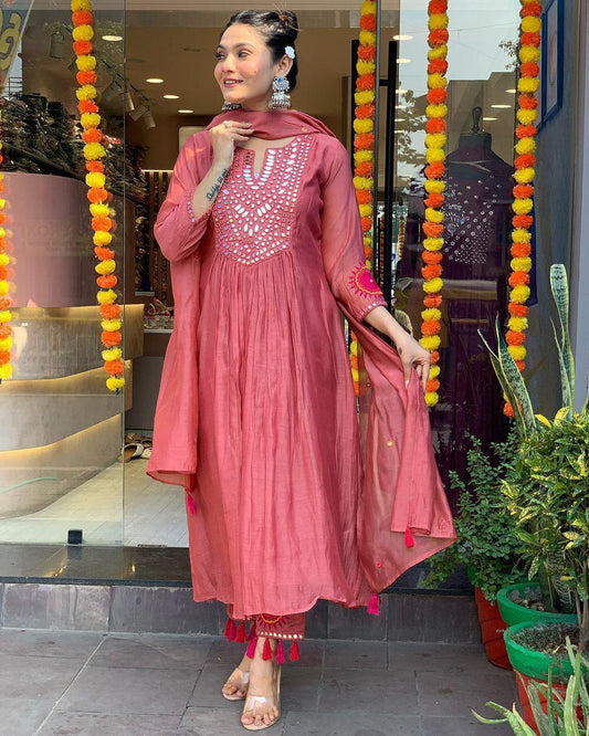 Muslin Summer Special Mirror work Kurti Pant Dupatta Set
