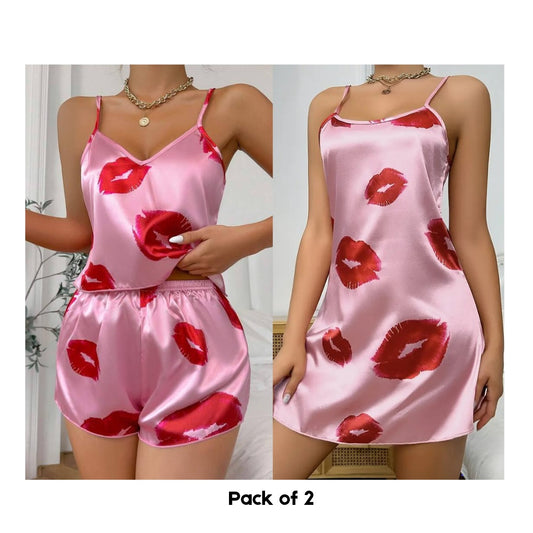 Lip Print Satin Cami Top & Shorts Pajama Set
