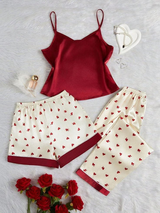 Heart Print Satin Elegant Pajama Set sleep dress