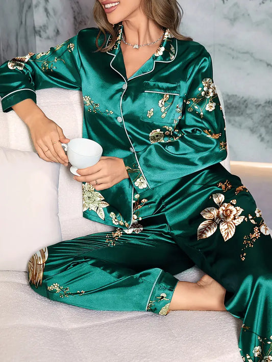 Women's Floral Print Long Sleeve Buttons Lapel Top & Pant