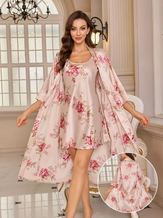 Women's Elegant Floral Long robe with one piece