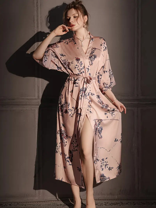 Luxurious Floral Print Satin Robe for Women