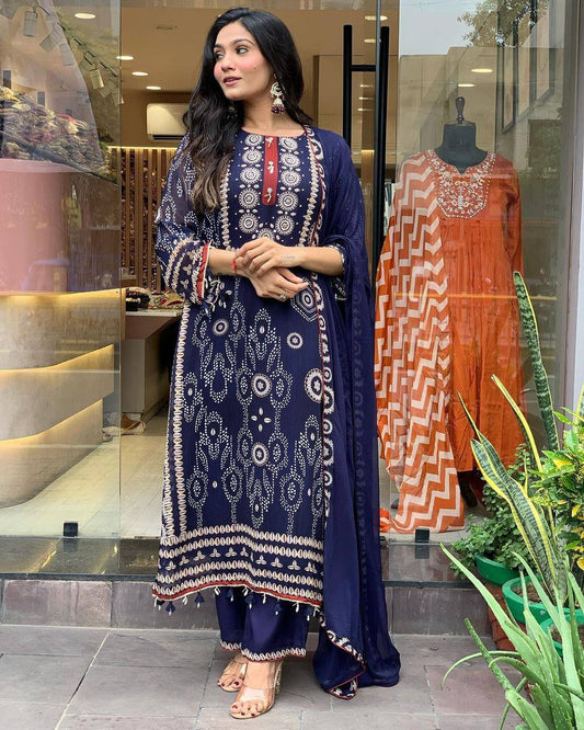 Navy  Blue Pure Dimond Silk Kurti Pant With Dupatta