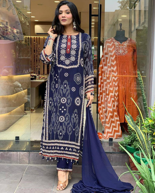 Navy  Blue Pure Dimond Silk Kurti Pant With Dupatta