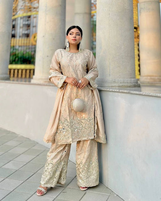 New Sharara  Collection Faux Georgette Top-Bottom And Dupatta Set