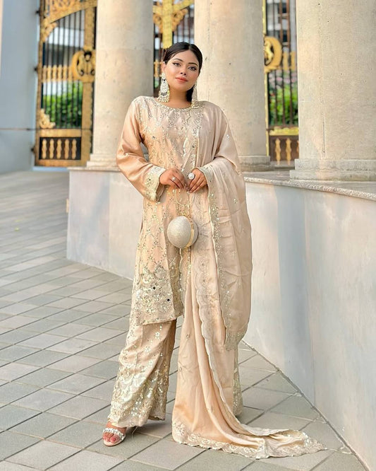 New Sharara  Collection Faux Georgette Top-Bottom And Dupatta Set