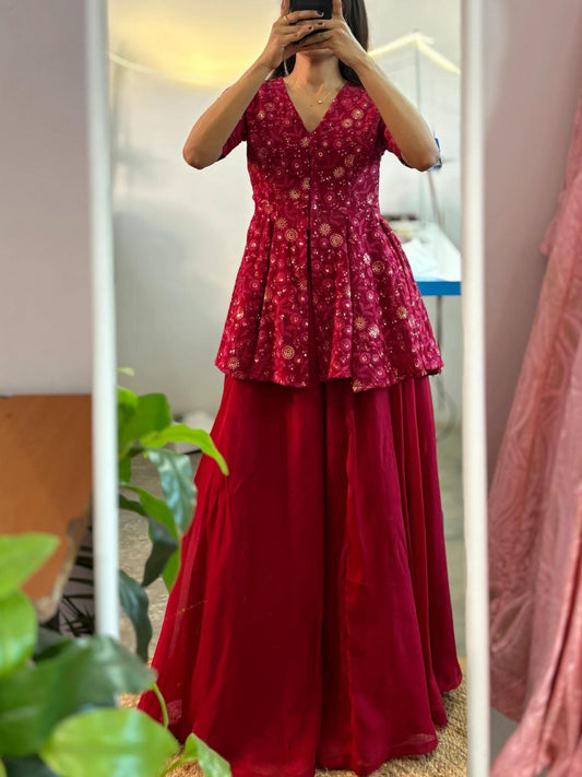 Maroon Peplum top with flared palazzo pants