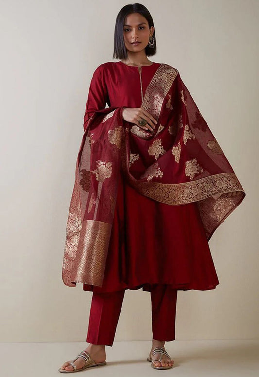 Cotton Maroon Afghani kurta set