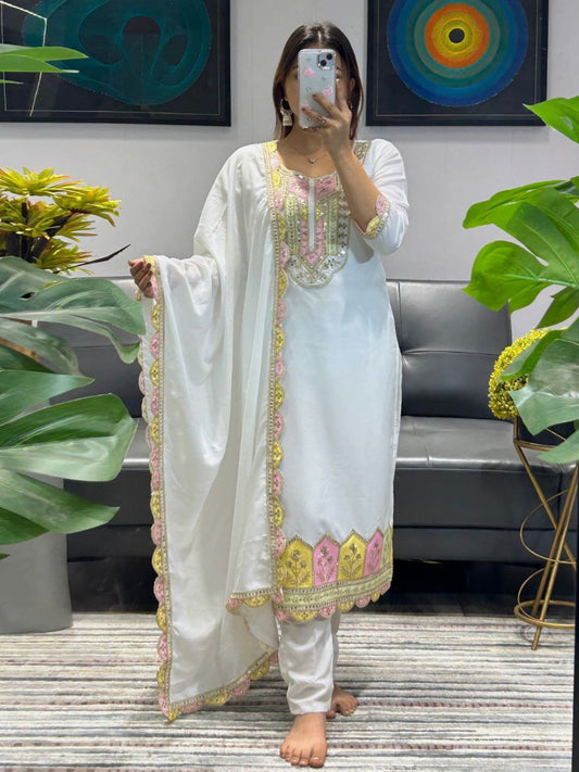Silk Permium Readymade White Milano Kurta
