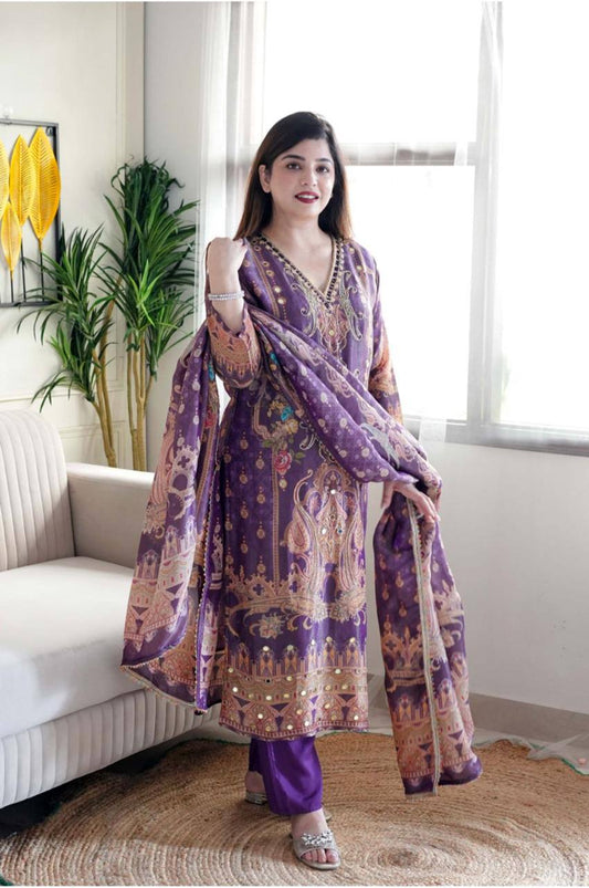 Multicolored  print with  work and Dupatta