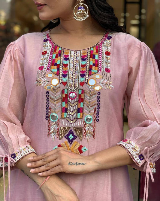 Embroidered Cotton Silk Salwar Kameez Set with Chanderi Dupatta in White-Sky-Pink