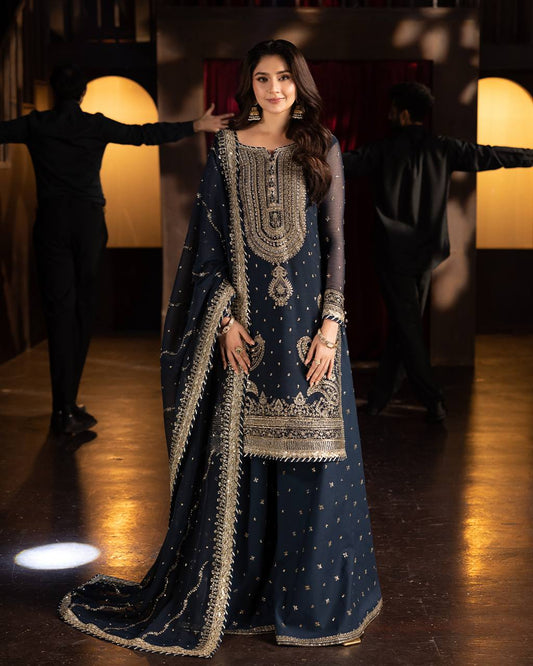 Embroidery Sequence Work Top-Sharara And Dupatta Set Fully Stitched Ready To Wear Collection