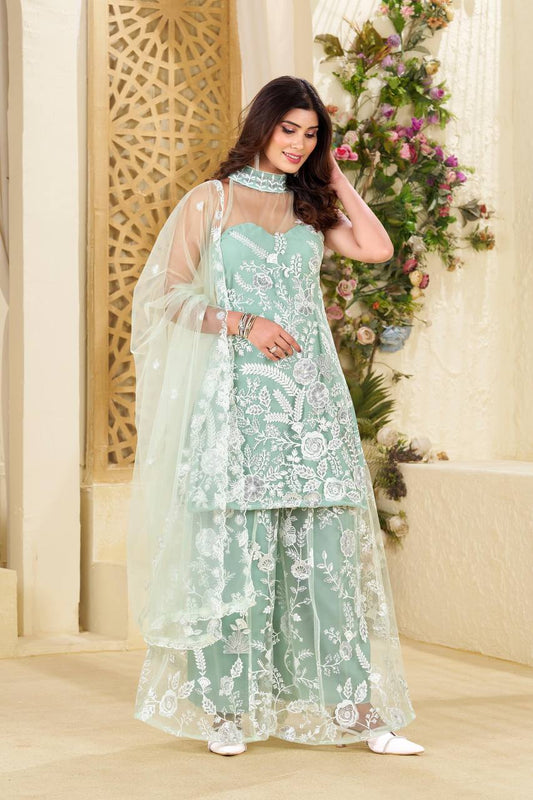 HULTER NECK KURTA AND PLAZZO SET WITH  DUPATTA IN BUTTERFLY