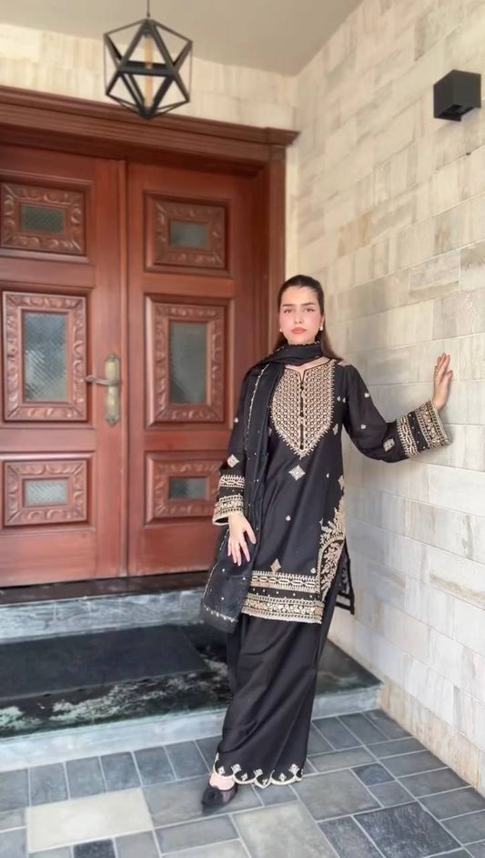 Elegant Georgette Black Sharara Set with Embroidery Work