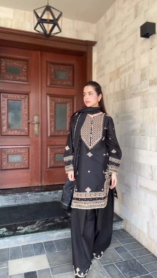 Elegant Georgette Black Sharara Set with Embroidery Work