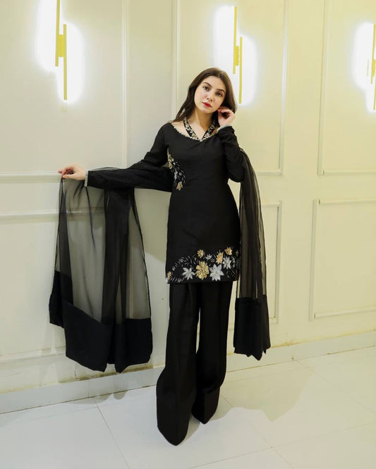 Solid Black Hand Embellished Kurta With Farshi Shalwar And Dupata