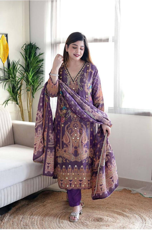 Multicolored  print with  work and Dupatta