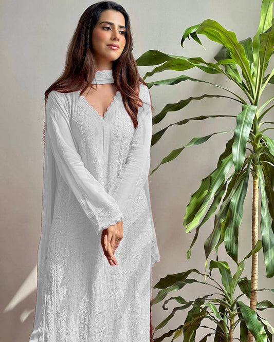 chikankari embroidery work kurta with palazzo with dupatta